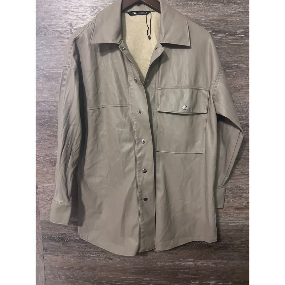 Zara Oversized faux leather shirt button down size M nude cream